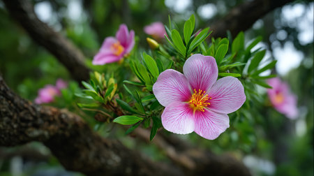 Delicate pink rockrose flower blooming gracefully amidst vibrant green foliageの素材