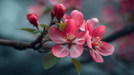 Delicate Pink Blossoms and Buds on a Branch Against Dark Backdropの素材
