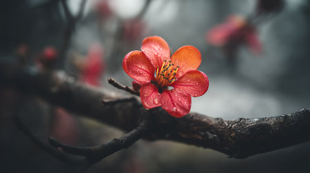 Delicate Red Blossom on a Branch, Sparkling with Water Dropletsの素材