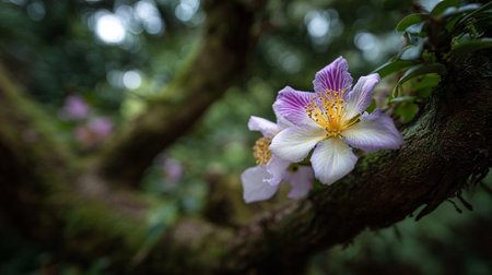 Delicate Purple-Striped Flower Blooming on a Mossy Branch in Soft Lightの素材