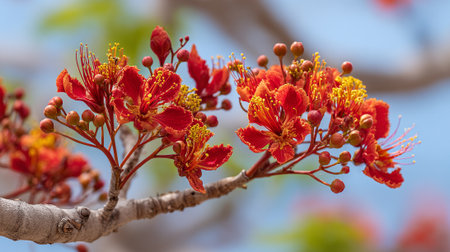 Vibrant Flame Tree Blooms Displayed Against a Gentle Sky Backgroundの素材