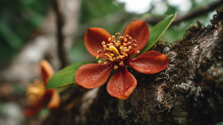 Exquisite Rusty Flower Blossoming on a Mossy Tree Branchの素材
