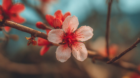 Delicate peach blossom with red center on tree branch macro shot.の素材