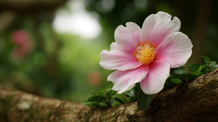 Beautiful Camellia Blossom Resting on a Rustic Branch in Soft Lightの素材