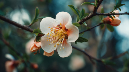 Delicate White Blossom with Vibrant Yellow Stamens on a Branchの素材