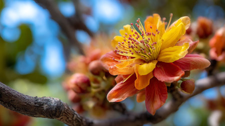 Beautiful Orange and Yellow Silk Floss Flower Bloom on a Branchの素材