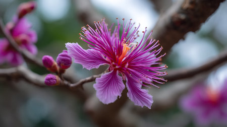 Brilliant Pink Flower and Buds on Branch - Floral Beautyの素材