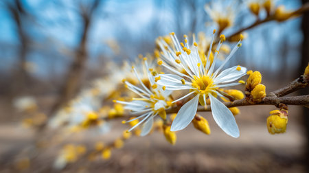 Close-up of Blooming Forsythia Branch Against a Soft Blue Skyの素材