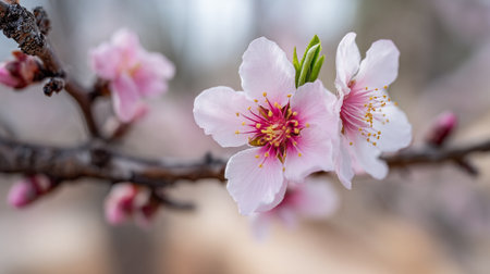 Delicate Peach Blossoms: A Close-Up View of Springtime Beautyの素材