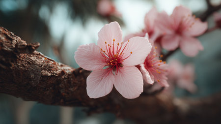 Delicate Cherry Blossom Branch Displaying Soft Pink Flowers in Springの素材