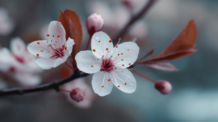Delicate Blossom: Close-up of White Cherry Flowers with Brown Leavesの素材