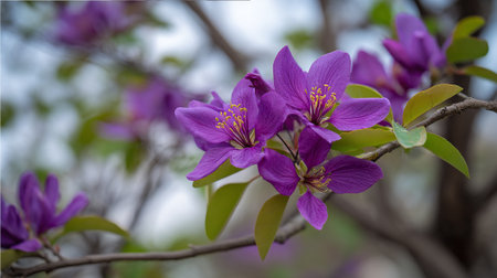 Vibrant Purple Bauhinia Flowers in Full Bloom on Tree Branchの素材