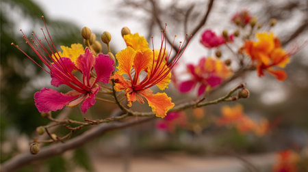Radiant Peacock Flowers Blooming on a Branch, Vivid Colors Displayedの素材