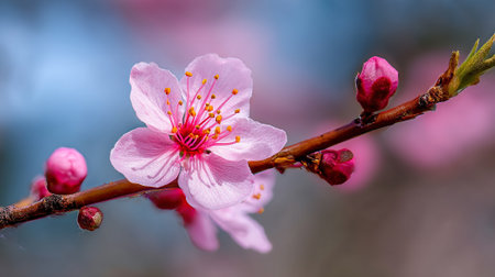 Delicate Pink Blossoms on a Twig, Symbolic of Springtime Renewalの素材