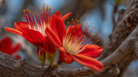 Exotic red flowers blossom on a tree branch in the sunlight.の素材
