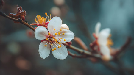 Delicate White Blossom on Branch with Blue-Grey Blurred Background.の素材