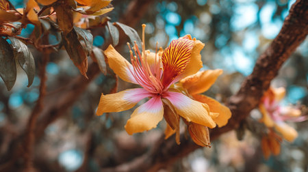 Exotic Yellow and Pink Flower in Vivid Detail on Branchの素材