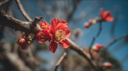 Vivid Red Plum Blossom Blossoms on Branch Against a Blue Skyの素材