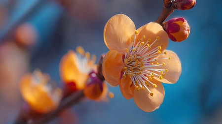 Peach blossom beauty in spring against a blurred teal backdrop.の素材