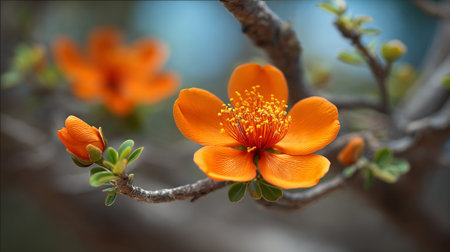 Brilliant Orange Flower Blossom with Emerging Bud in Natural Lightの素材