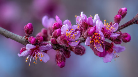 Beautiful Blossoms: Detailed View of Eastern Redbud Flowers and Emerging Budsの素材