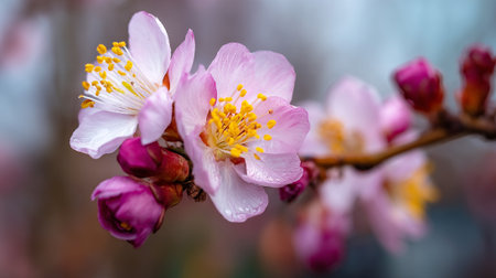 Delicate pink almond blossoms revealing their golden stamens on a branchの素材