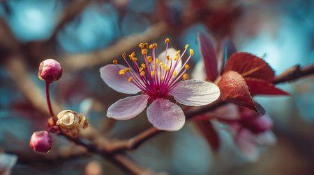 Blossoming Spring: A beautiful plum blossom amidst budding branchesの素材