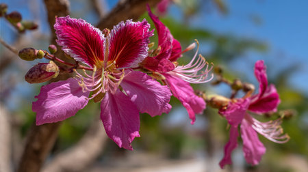 Vibrant Pink Orchid Tree Flowers Blossom Under Bright Blue Skyの素材