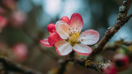 Delicate pink and white blossoms on a lichen-covered branch in springの素材