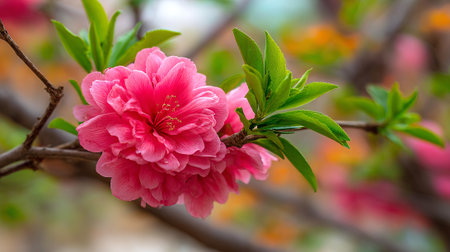 Vibrant Pink Double Peach Blossoms Blooming Gracefully on a Branchの素材