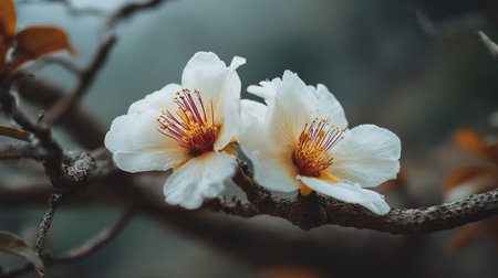 Delicate white blossoms with vivid stamen on a winding branchの素材