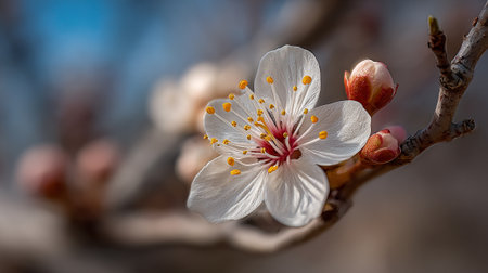 Delicate white apricot blossom with buds on a branch in spring.の素材