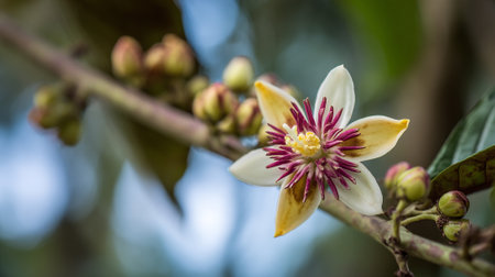 Delicate flower on a branch, showcasing vibrant colors and natural beauty.の素材
