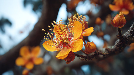 Vibrant Orange Flower Blossom on a Branch with Blurred Backgroundの素材