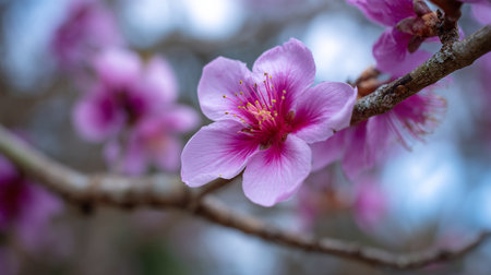Vibrant pink peach blossoms blooming beautifully on a delicate branch.の素材