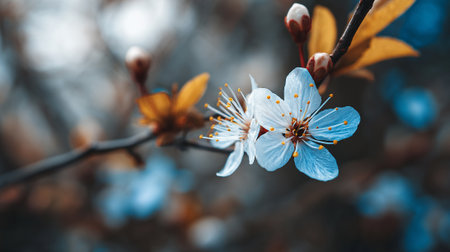 Serene Blue Blossoms on a Delicate Branch in Spring Sunlightの素材