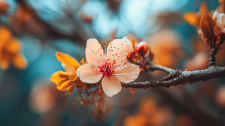 Serene peach blossom flower on a delicate branch in springtimeの素材