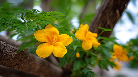 Radiant Yellow Flowers Blossom on a Branch in Natural Lightの素材