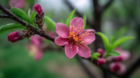 Delicate Pink Blossom on Branch with Budding Leaves in Springtimeの素材