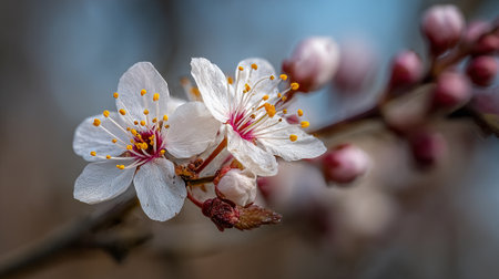 Delicate Spring Blossom Displaying White Petals and Yellow Stamensの素材