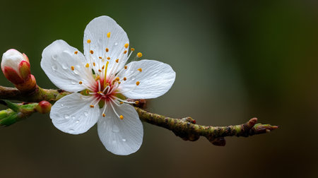 Delicate White Blossom on a Branch with Water Dropletsの素材