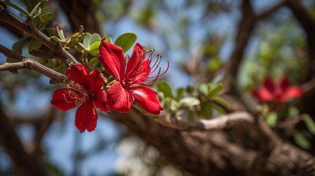 Vibrant red flowers contrasting against a blurred background create a captivating scene.の素材