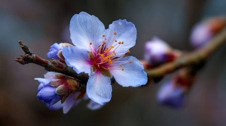 Serene almond blossom reveals delicate beauty in springtime lightの素材