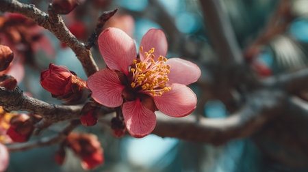 Delicate Pink Blossom Emerging on a Branch in Early Springの素材