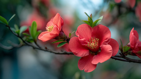 Vibrant Japanese Quince Blooms Displayed on a Branch, Symbolizing Springの素材