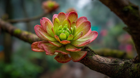 Exquisite blossom unfolds in a tranquil forest, radiating natural beauty.の素材