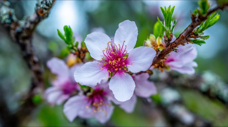 Pale pink cherry blossoms showcase delicate beauty against a blurred background.の素材