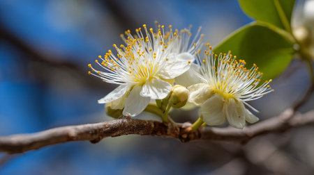 Delicate Myrtle Flowers Blooming on a Branch Against a Blue Skyの素材