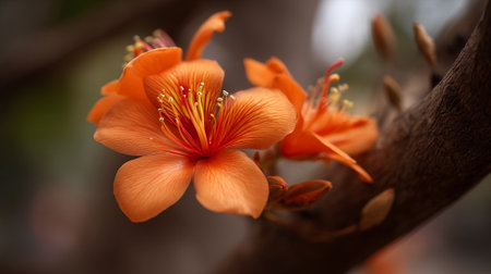 Vibrant orange flowers bloom elegantly against a natural tree branch backdrop.の素材