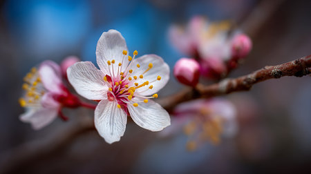 Blossoming Apricot Branch Showcasing Springtime Beauty and Delicate Floral Detailsの素材